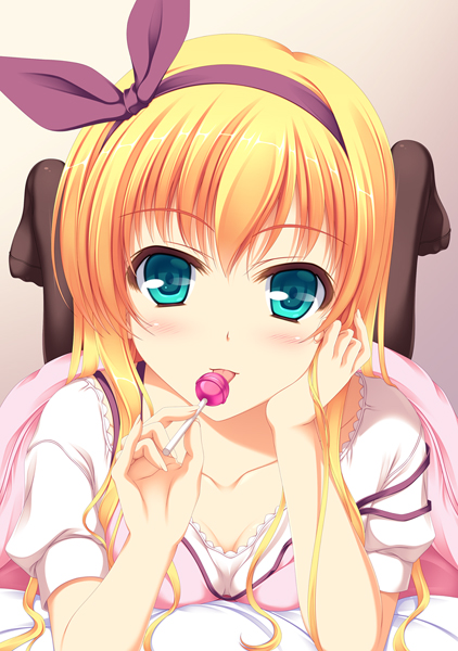 black_pantyhose, blonde_hair, blush, breasts, cleavage, food, green_eyes, hairband, isurugi_mio, licking, long_hair, lying, mm!, on_stomach, open_mouth, pantyhose, rip@lip, solo, tongue
