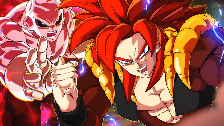 2boys, abs, absurdres, bald, black_sclera, black_vest, black_wristband, blue_eyes