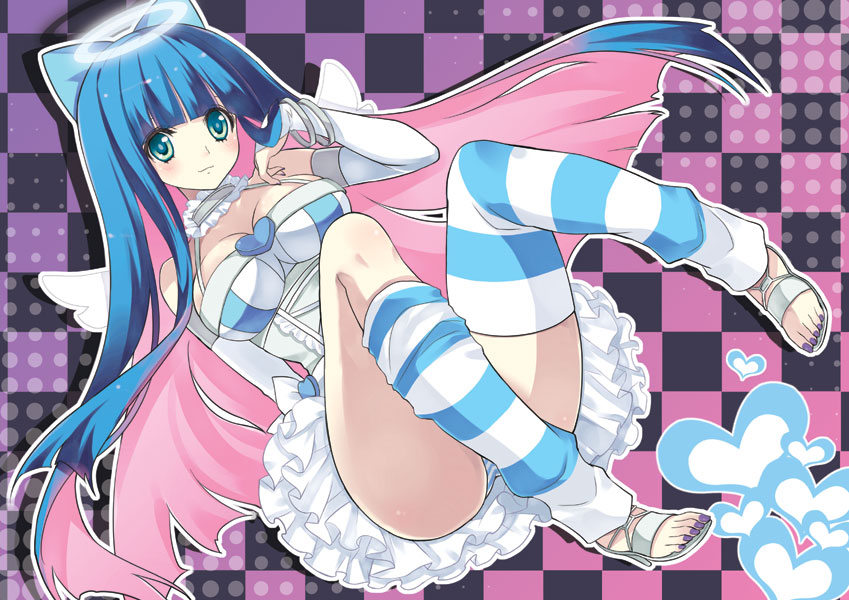 1girl, bad_id, bangs, blue_hair, blunt_bangs, bracelet, breasts, checkered