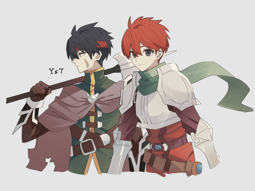 2024, 2boys, adol_christin, armor, belt, black_hair, geis_(ys), george_man