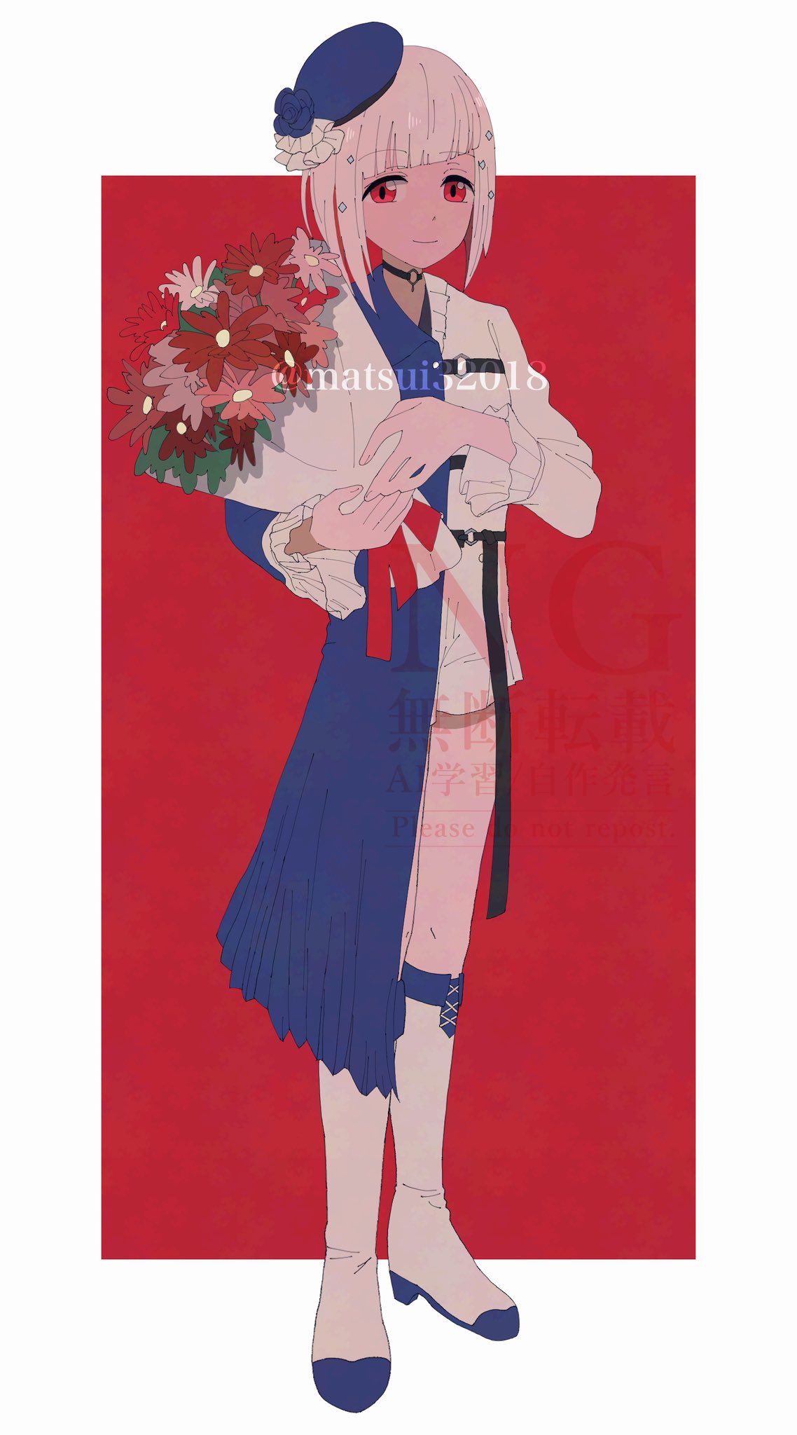1girl, asymmetrical_clothes, asymmetrical_coat, beret, black_choker, blue_coat, blue_hat, bob_cut