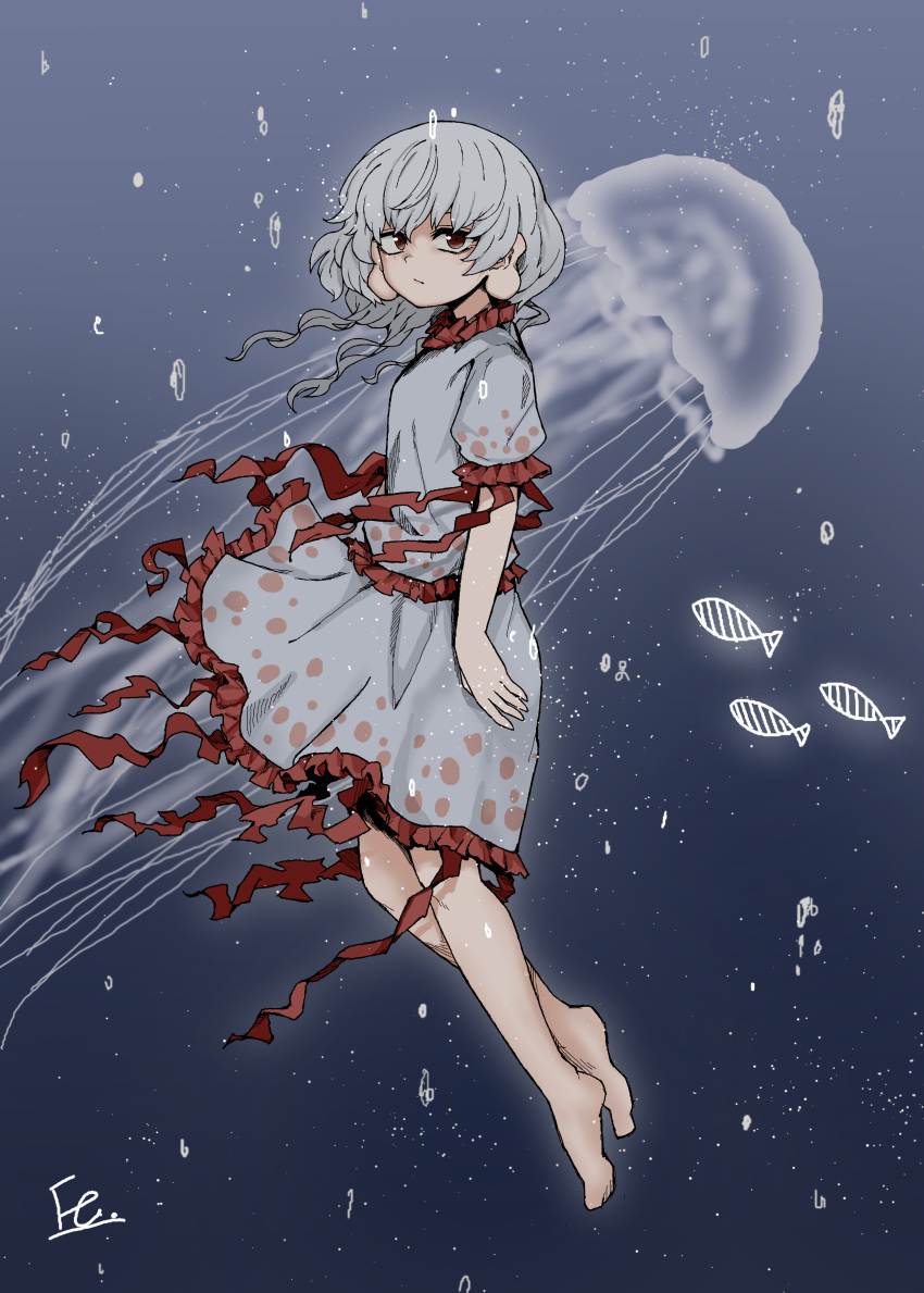 1girl, :/, absurdres, air_bubble, barefoot, blurry, bubble, closed_mouth