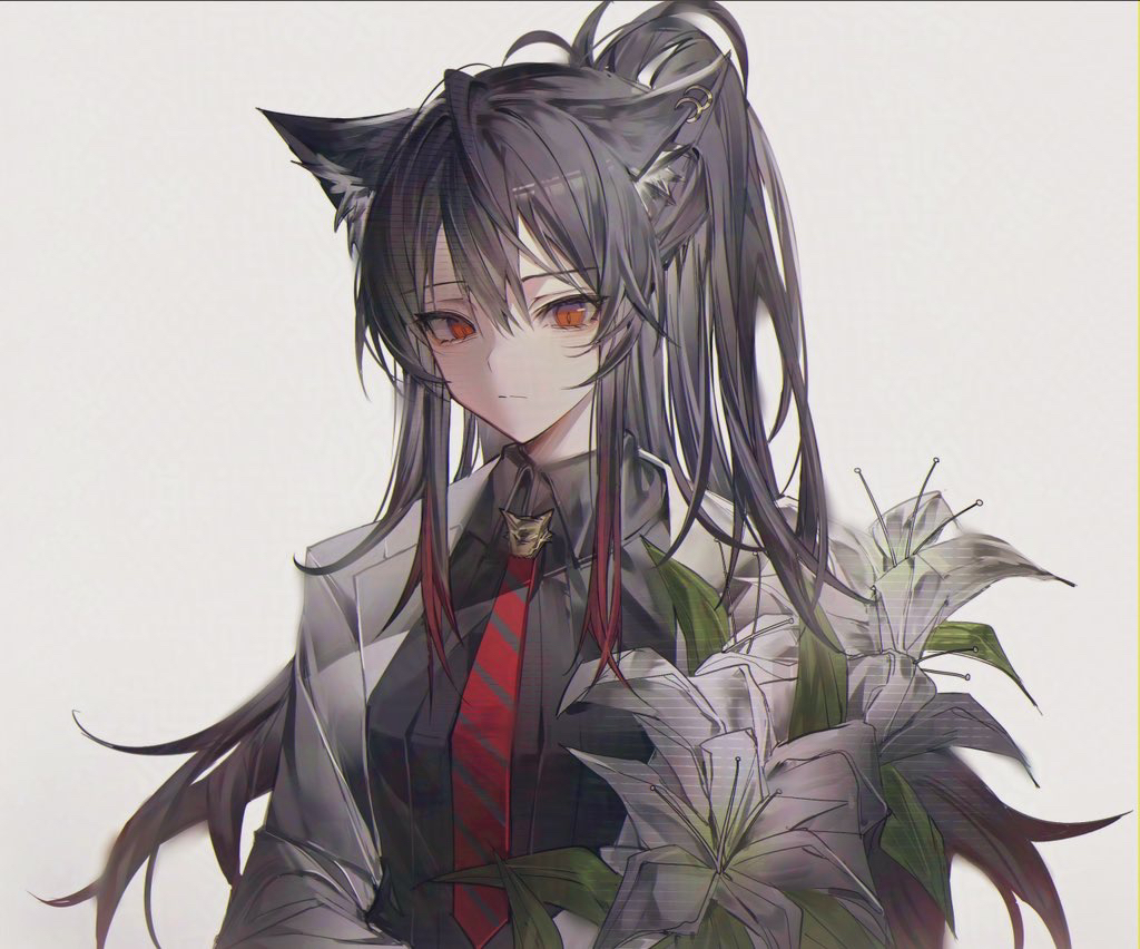 0_(znanimo), 1girl, animal_ear_fluff, animal_ears, arknights, black_hair, black_shirt, breasts