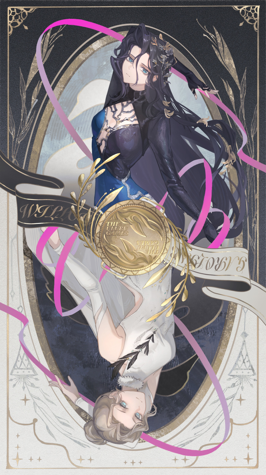 2girls, absurdres, aqua_eyes, arm_up, athletic_leotard, banner, bare_shoulders, bird, black_background, black_hair, black_leotard, blue_eyes, blue_leotard, border, cape, caroline_bartley, character_name, cleavage_cutout, closed_mouth, clothing_cutout, detached_sleeves, fur_collar, grey_hair, hair_between_eyes, hair_bun, hair_ornament, hand_up, highres, leaf_hair_ornament, leotard, long_hair, long_sleeves, looking_at_viewer, medal, mole, mole_under_eye, multiple_girls, ornate_border, pink_ribbon, reverse:1999, ribbon, rotational_symmetry, short_hair, side_cutout, smile, sparkle, swan, two-tone_background, upper_body, very_long_hair, white_background, white_cape, white_leotard, white_sleeves, willow_(reverse:1999), xiaoji_chuangzao