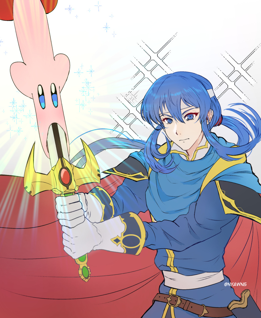 1boy, armor, belt, blue_cape, blue_eyes, blue_hair, blue_tunic, brown_belt