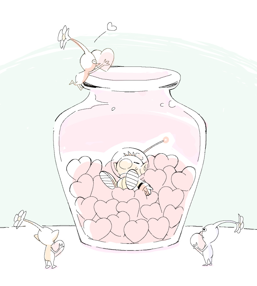 ^_^, big_nose, blue_pikmin, blue_skin, brown_hair, chikin_(toritoritori09), closed_eyes, colored_skin, flower, from_behind, giving, gloves, green_background, heart, helmet, highres, holding, holding_heart, in_container, in_jar, jar, lying, mini_person, miniboy, olimar, on_back, pikmin_(series), pointy_ears, pointy_nose, radio_antenna, red_gloves, red_pikmin, red_skin, short_hair, space_helmet, spacesuit, sweatdrop, table, triangle_mouth, very_short_hair, white_flower, yellow_pikmin, yellow_skin