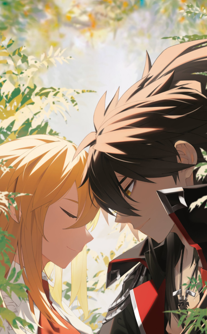 1boy, 1girl, absurdres, aiguillette, black_hair, blonde_hair, couple, elsword