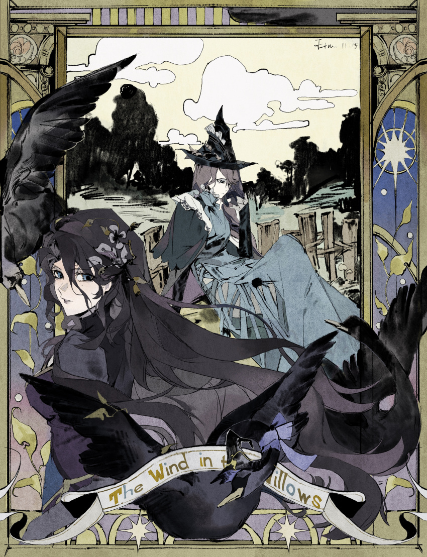 1girl, absurdres, adjusting_hair, artist_name, athletic_leotard, banner, bird, black_cape, black_hair, black_hat, black_leotard, black_swan_(bird), blue_dress, blue_eyes, border, cape, clouds, dated, dress, ein_(einnnn), english_text, fence, hair_between_eyes, hair_ornament, hand_up, hat, highres, leaf_hair_ornament, leotard, long_dress, long_hair, looking_at_viewer, mole, mole_under_eye, multiple_views, ornate_border, parted_lips, reverse:1999, signature, sitting, swan, tree, willow_(reverse:1999), witch_hat, wooden_fence