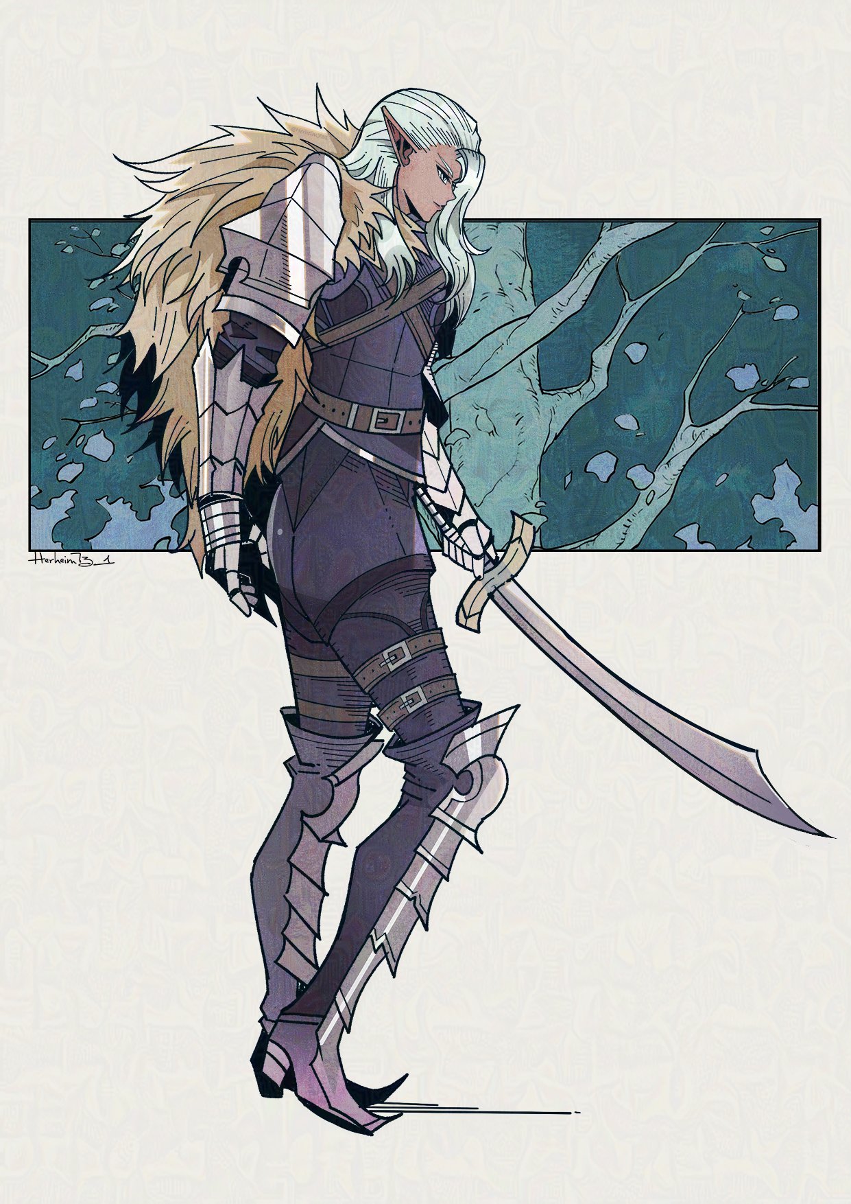 armor, armored_boots, boots, cape, dark-skinned_male, dark_elf, dark_skin, elf, full_body, fur_cape, gauntlets, herheim, highres, holding, holding_sword, holding_weapon, ithilion_(unicorn_overlord), long_hair, pauldrons, pointy_ears, scimitar, shoulder_armor, signature, sword, tree, unicorn_overlord, weapon, white_hair