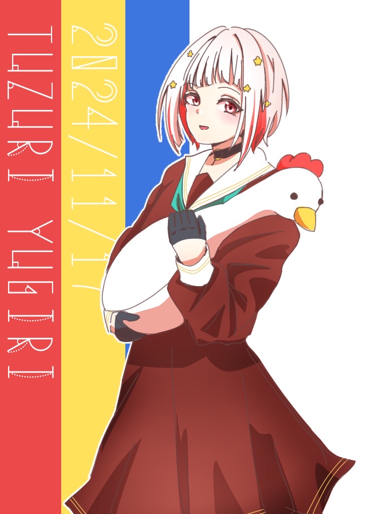 1girl, aqua_neckerchief, black_choker, black_gloves, blue_background, bob_cut, brown_dress, character_name