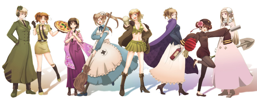 america_(hetalia), apron, axis_powers_hetalia, bandaid, baseball_bat, black_legwear, black_socks, blonde_hair, boots, bottle, breasts, broom, brown_hair, china_(hetalia), cleavage, cloak, coat, crop_top, crown, double_bun, flower, food, footwear, france_(hetalia), front-tie_top, genderswap, germany_(hetalia), glasses, gloves, hair_ornament, hairclip, hat, highres, jacket, japan_(hetalia), japanese_clothes, kimono, knife, lantern, long_hair, mcm, midriff, military, military_uniform, multiple_girls, necktie, northern_italy_(hetalia), nurse, nurse_cap, paper_lantern, pizza, ponytail, russia_(hetalia), short_hair, shovel, skirt, socks, twintails, uniform, united_kingdom_(hetalia), wink, worktool