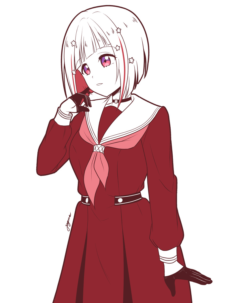 1girl, absurdres, arm_at_side, bob_cut, choker, colored_inner_hair, commentary, diagonal_bangs