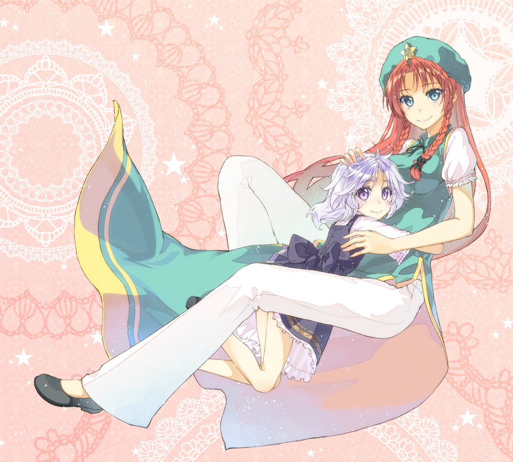 aqua_eyes, braid, child, hong_meiling, izayoi_sakuya, long_hair, multiple_girls, pants