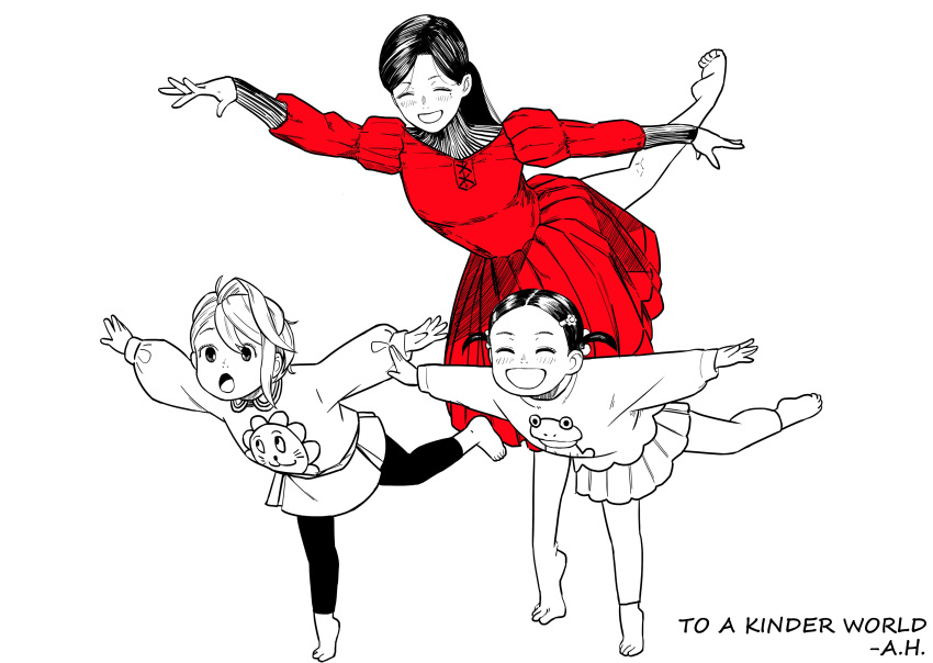 3girls, ^_^, absurdres, acrobatic_silky_(dandadan), ballet, barefoot, closed_eyes, dandadan