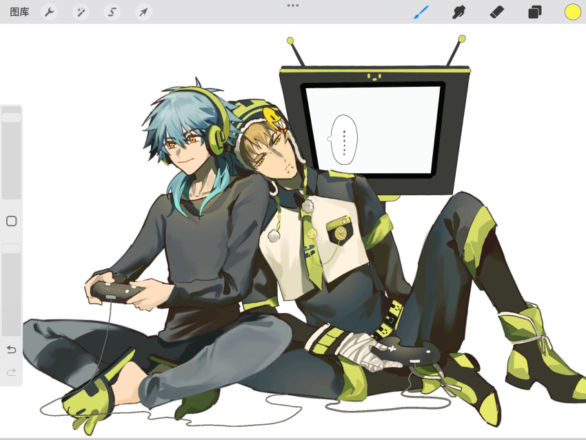 2boys, art_program_in_frame, badge, bandaged_hand, bandages, black_leggings, black_pants, black_shirt