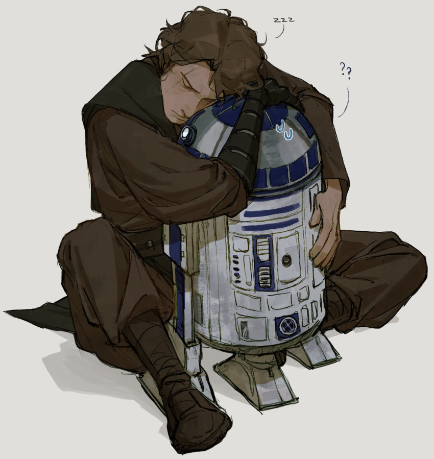 anakin_skywalker, boots, brown_footwear, closed_eyes, gloves, highres, hug, jedi, on_floor, r2-d2, scar, scar_across_eye, shadow, simple_background, single_glove, sleeping, star_wars, star_wars:_revenge_of_the_sith, white_background, yrkhn