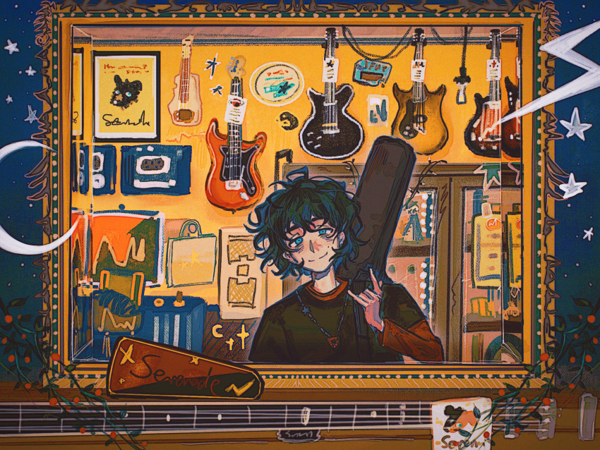 1boy, \n/, acoustic_guitar, bag, black_hair, black_shirt, blue_eyes, chinese_commentary, chundizhouqin, closed_mouth, commentary_request, curly_hair, display_case, guitar, highres, indoors, instrument, jewelry, layered_sleeves, long_sleeves, male_focus, mirror, mole, mole_on_cheek, necklace, original, red_shirt, shirt, short_over_long_sleeves, short_sleeves, smile, solo