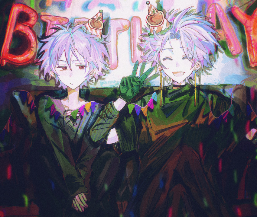 2boys, :/, ^_^, balloon, birthday, black_gloves, black_jacket, black_pants