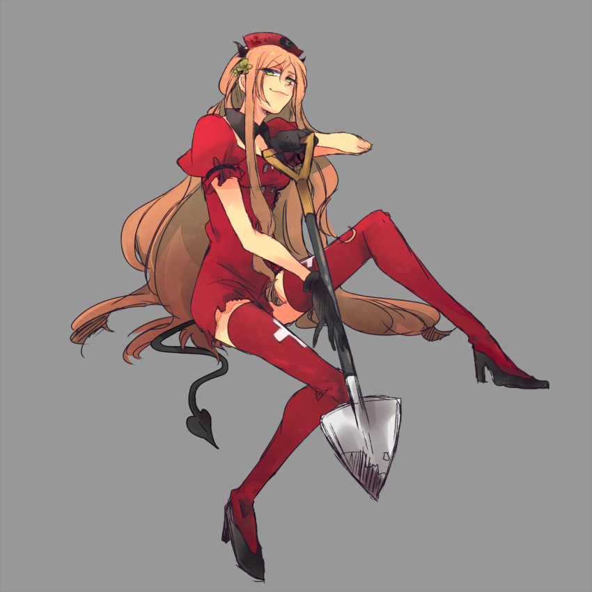 brown_hair, flower, high_heels, highres, horns, hungary_(hetalia), kuta_(maka), long_hair, shoes, shovel, simple_background, tail, thighhighs, worktool
