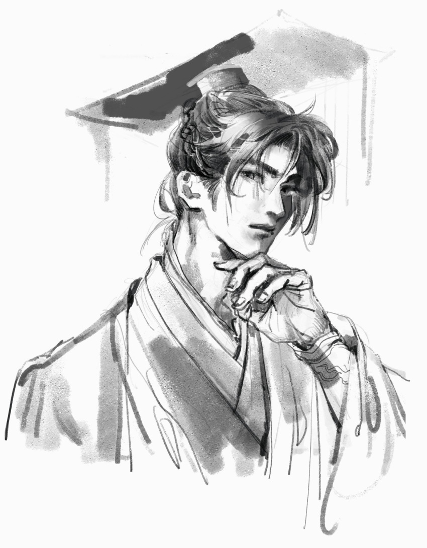 1boy, braid, chinese_clothes, closed_mouth, erha_he_tadebai_mao_shizun, greyscale, guan_hat, hand_on_own_chin, hanfu, hat, highres, long_hair, long_sleeves, looking_to_the_side, male_focus, mian_guan, mo_ran, monochrome, mooncakebun, solo, upper_body, wide_sleeves