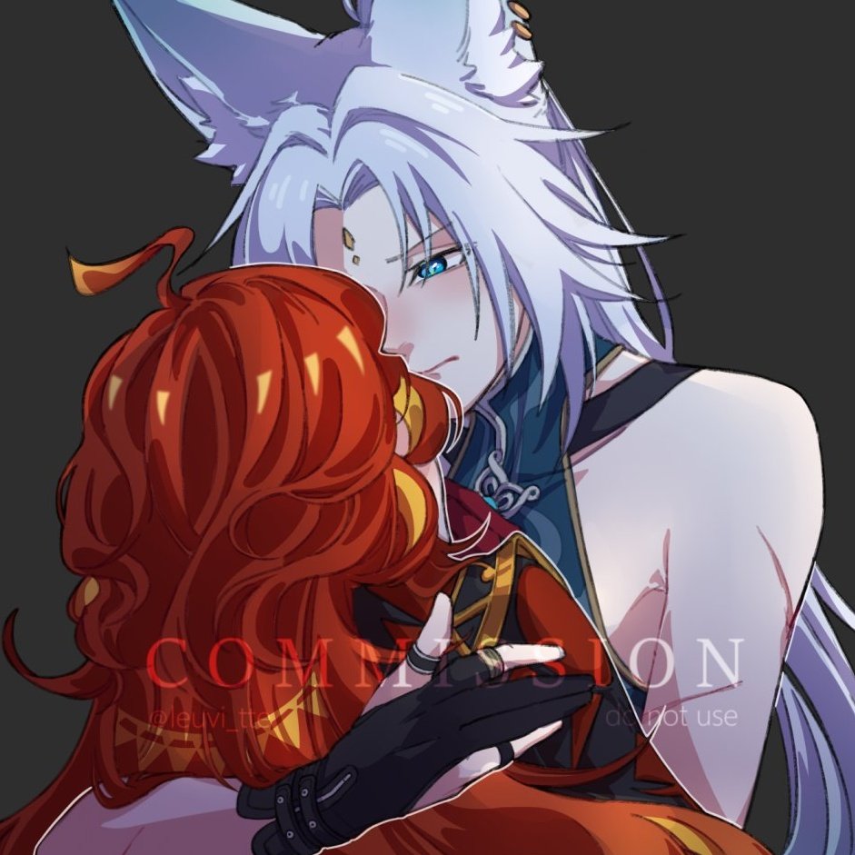 2girls, animal_ear_fluff, animal_ears, arm_around_back, bare_shoulders, black_gloves, commentary, commission