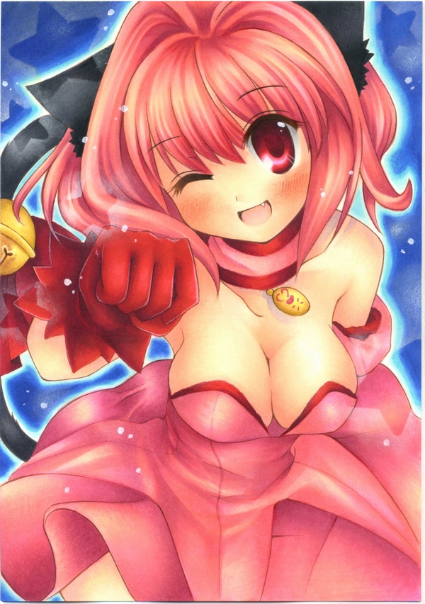 animal_ears, bell, blush, breasts, cat_ears, cat_tail, choker, cleavage, clenched_hand, copics, fang, fist, gloves, large_breasts, leaning_forward, marker_(medium), mew_ichigo, millipen_(medium), momomiya_ichigo, open_mouth, pastel_(medium), pink_hair, shinonome86, short_hair, smile, solo, tail, tokyo_mew_mew, traditional_media, wink