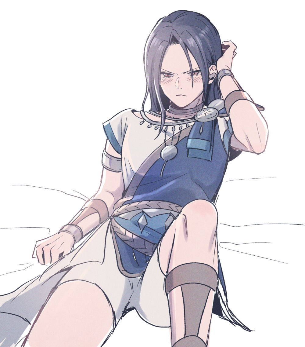 1boy, arm_up, belt, black_hair, blue_robe, blush, bracer, brown_eyes
