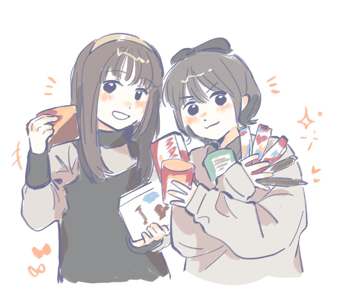 2girls, :3, animification, black_hair, blush, brown_hair, closed_mouth, commentary