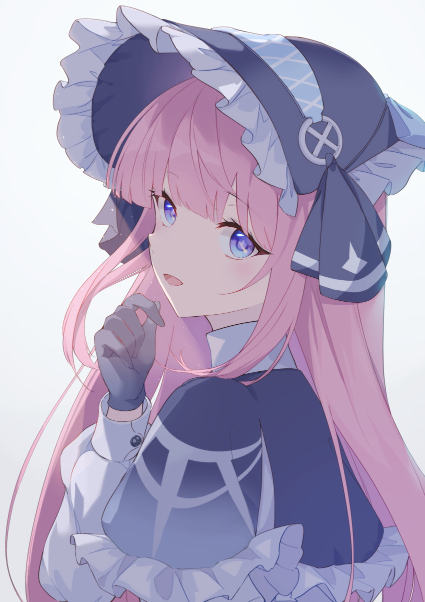 1girl, :d, absurdres, black_gloves, black_hat, black_survival, blue_eyes, bonnet, charlotte_(black_survival), coffee1223, eternal_return:_black_survival, from_side, gloves, grey_background, hand_up, hat, highres, light_blush, long_hair, long_sleeves, looking_at_viewer, looking_back, open_mouth, pink_hair, simple_background, smile, solo, straight_hair, symbol_in_eye, three_quarter_view, turning_head, upper_body