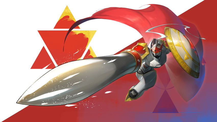1boy, absurdres, armor, cape, dazz_(daito), digimon, digimon_(creature), dukemon, full_body, highres, holding, holding_polearm, holding_shield, holding_weapon, incoming_attack, knight, lance, polearm, red_background, red_cape, shield, simple_background, solo, weapon, white_armor, white_background, yellow_eyes