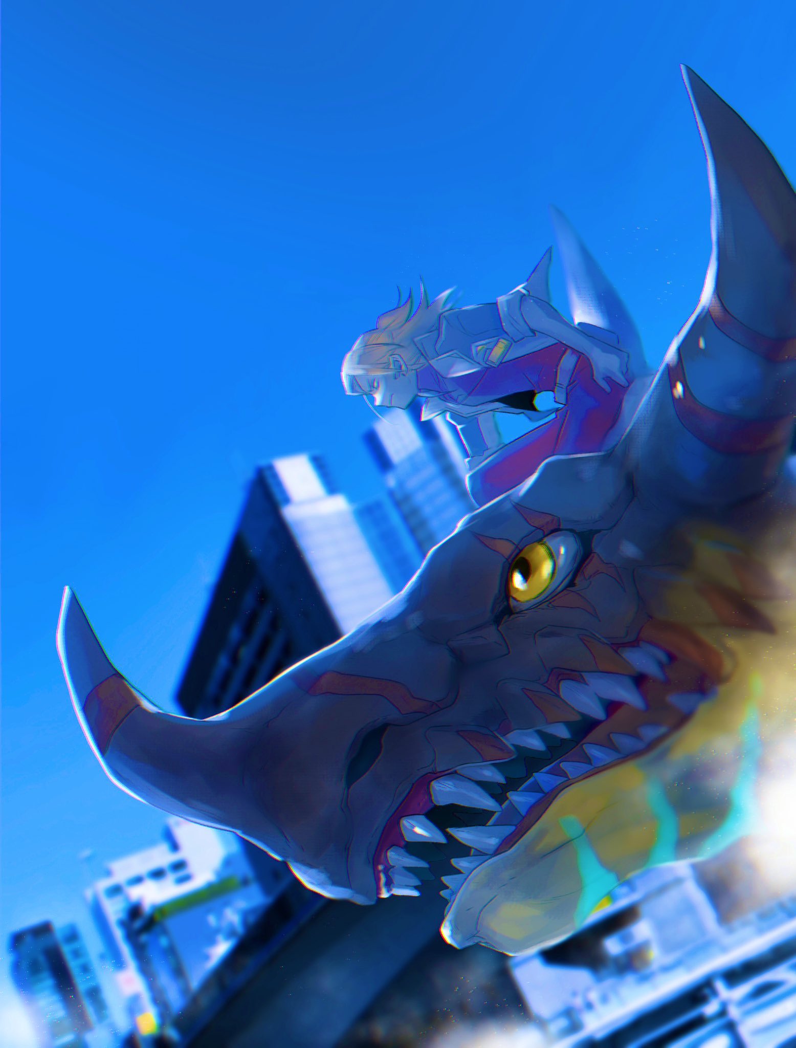 1boy, blue_jacket, blurry, blurry_background, bodysuit, brown_hair, cityscape, daimon_masaru_(digimon_savers)