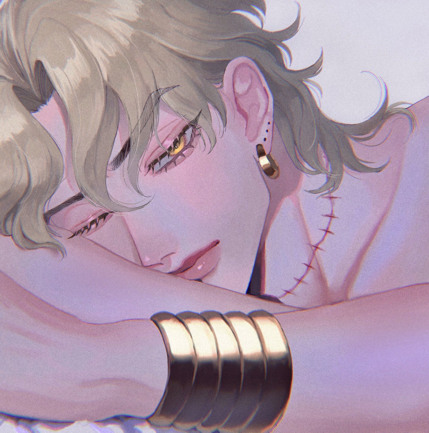 1boy, 205415, androgynous, birthmark, bishounen, blonde_hair, dio_brando, ear_birthmark