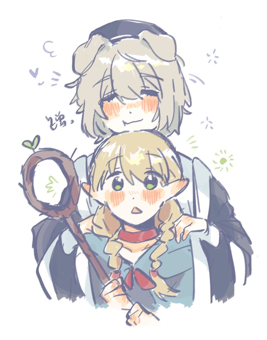 2girls, animal_ears, beret, black_hat, blonde_hair, blue_capelet, blush, braid