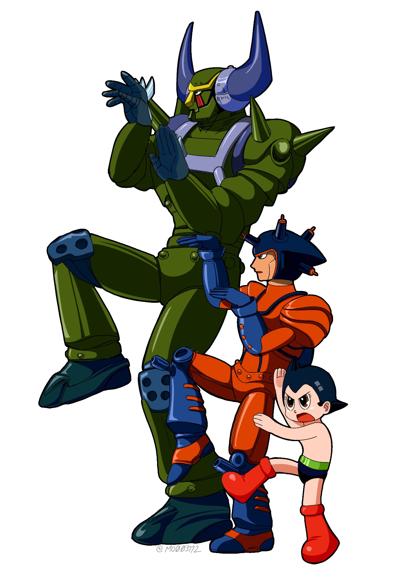 3boys, android, atlas_(tetsuwan_atom), atom_(tetsuwan_atom), height_difference, helmet, highres, humanoid_robot, male_focus, mo003112, multiple_boys, pluto_(tetsuwan_atom), robot, short_hair, simple_background, size_difference, tetsuwan_atom, white_background, yotsubato!, yotsubato!_pose