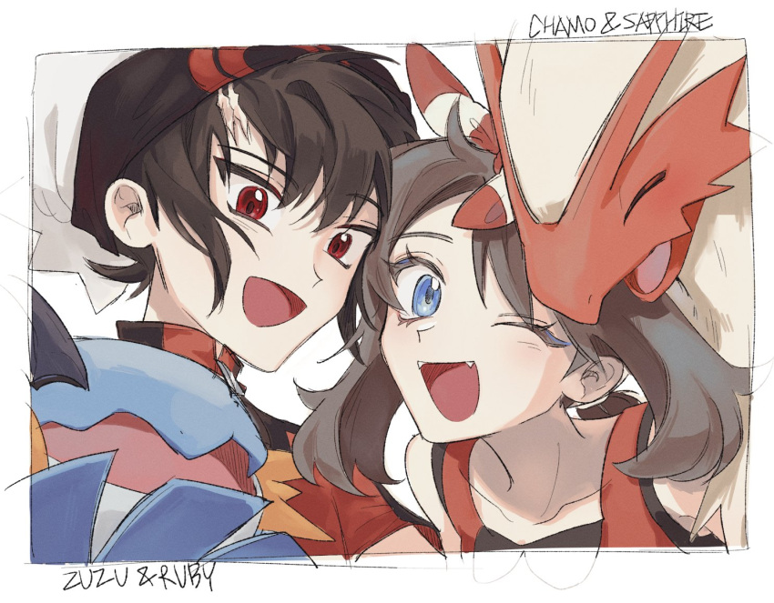 1boy, 1girl, black_hair, blaziken, blue_eyes, brendan_(pokemon), brown_hair, close-up, commentary_request, dda_sso, english_text, hat, korean_commentary, may_(pokemon), medium_hair, one_eye_closed, pokemon, pokemon_(creature), pokemon_adventures, pokemon_rse, red_eyes, ruby_(pokemon), sapphire_(pokemon), sapphire_birch, scar, short_hair, smile, swampert, taking_picture