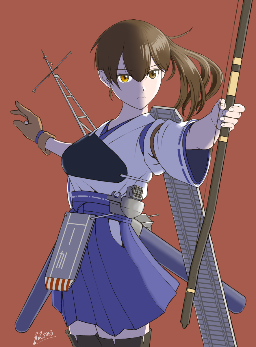 1girl, black_thighhighs, blue_hakama, blue_skirt, bow_(weapon), breasts, brown_eyes, brown_gloves, brown_hair, flight_deck, gloves, hakama, hakama_short_skirt, hakama_skirt, highres, holding, holding_bow_(weapon), holding_weapon, japanese_clothes, kaga_(kancolle), kaga_kai_ni_(kancolle), kantai_collection, large_breasts, long_hair, looking_ahead, muneate, partially_fingerless_gloves, quiver, red_background, ribbon-trimmed_sleeves, ribbon_trim, side_ponytail, signature, simple_background, single_glove, skirt, solo, tasuki, thigh-highs, wanramiru, weapon, yugake