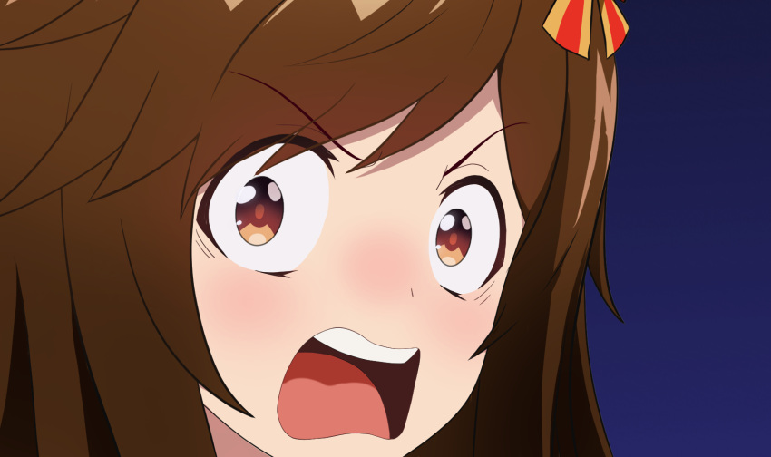 1girl, agemasen!_(meme), angry, animal_ears, blush, brown_eyes, brown_hair, buena_vista_(old_design)_(umamusume), commentary_request, hair_ornament, hair_ribbon, highres, horse_girl, long_hair, looking_at_viewer, meme, meso_(zgmf-xv), open_mouth, ribbon, simple_background, solo, teeth, umamusume, upper_teeth_only