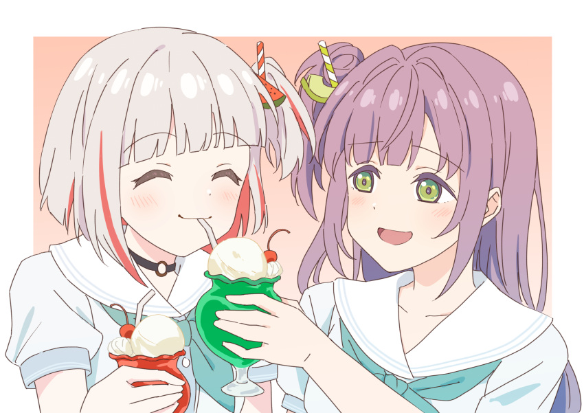 2girls, :d, ^_^, alt_text, aqua_neckerchief, black_choker, blue_dress, blush