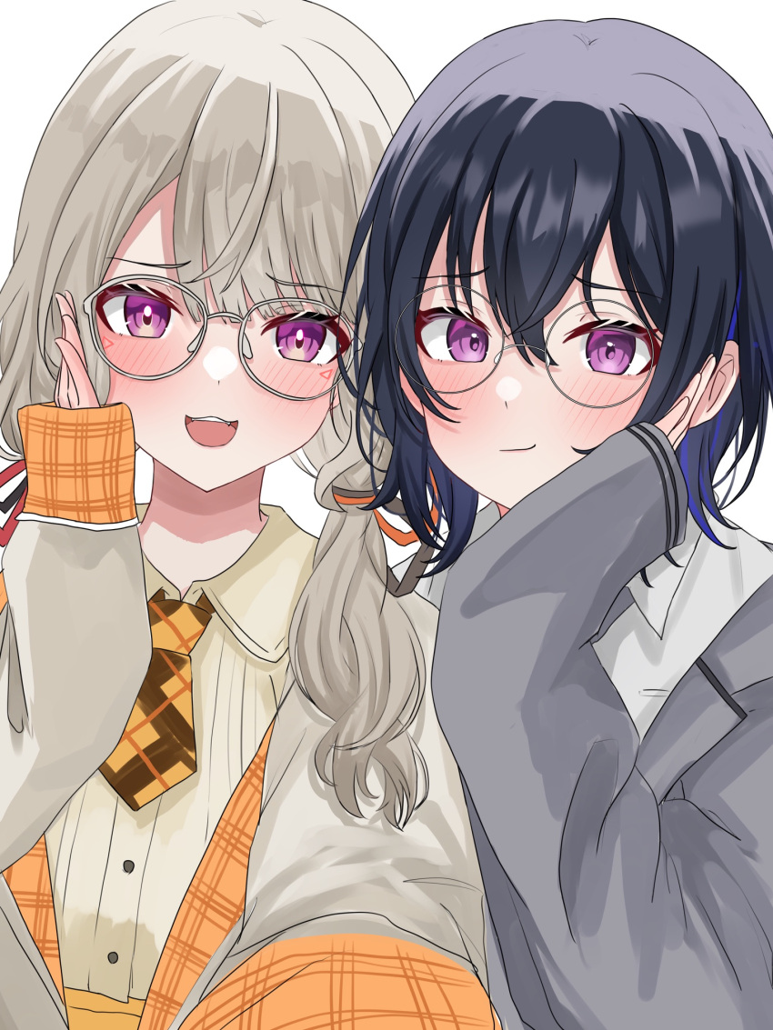 2girls, :3, akue, black_hair, blazer, blue_hair, blush, brown_necktie