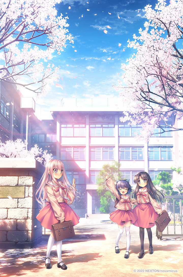 3girls, artist_collaboration, black_hair, black_pantyhose, blue_hair, blue_sky, blush, briefcase, cherry_blossoms, closed_eyes, hinoue_itaru, kawana_misaki, kouzuki_mio, long_hair, miyama_yukimi, mocha_(cotton), multiple_girls, official_art, one_-_kagayaku_kisetsu_e, open_mouth, outdoors, pantyhose, pink_hair, school, school_briefcase, school_uniform, short_hair, skirt, sky, smile, thigh-highs, tree, waving, white_thighhighs