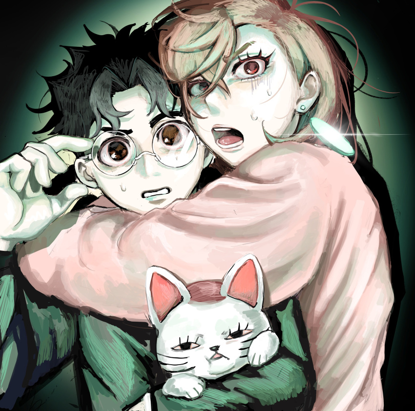 1boy, 1girl, absurdres, arm_around_neck, ayase_momo, black_hair, brown_eyes, brown_hair, cat, clenched_teeth, dandadan, earrings, glasses, highres, jewelry, light_particles, looking_at_viewer, okmmjump, open_mouth, round_eyewear, scared, short_hair, simple_background, single_earring, takakura_ken_(dandadan), teeth, turbo_granny, upper_body
