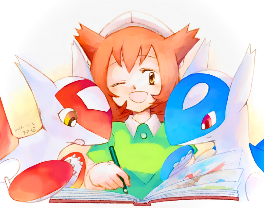 1girl, bianca_(pokemon_heroes), book, brown_eyes, claws, green_shirt, hat, highres, holding, holding_pencil, latias, latios, one_eye_closed, open_book, open_mouth, pencil, pokemon, pokemon_(anime), pokemon_(classic_anime), pokemon_(creature), pokemon_heroes:_latios_&amp;_latias, red_eyes, shirt, white_background, white_hat, yellow_eyes, yuki_(yuyu)