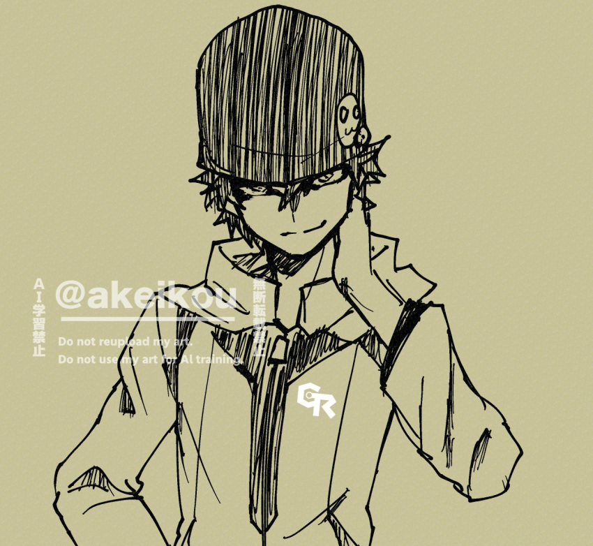 1boy, akeikou, beanie, brown_background, digimon, digimon_world_-next_0rder-, hat, highres, jacket, monochrome, protagonist_(digimon_world), short_hair, simple_background, sketch, solo, upper_body, watermark