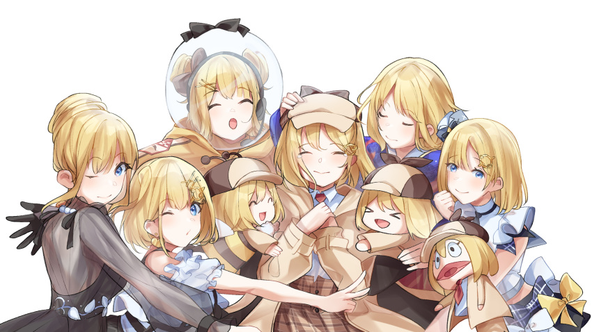 >_<, 6+girls, :d, :o, ;), ^_^, artist_collaboration, backless_dress, backless_outfit, bee_costume, black_gloves, blonde_hair, blue_eyes, breasts, brown_coat, catricius, closed_eyes, closed_mouth, coat, collared_shirt, commentary, deerstalker, detached_sleeves, detective, double_bun, dress, dress_shirt, english_commentary, evening_gown, gloves, group_hug, hair_bun, hands_on_own_chest, happy_tears, hat, headset, helmet, highres, hito_(maruhito_), hololive, hololive_english, hololive_idol_uniform_(bright), hug, large_breasts, long_sleeves, making-of_available, medium_hair, multiple_girls, multiple_persona, official_alternate_costume, one_eye_closed, open_clothes, open_coat, puffy_short_sleeves, puffy_sleeves, puppet, shirt, short_sleeves, simple_background, single_hair_bun, smile, smol_ame, space_helmet, tears, u_u, virtual_youtuber, w_arms, watson_amelia, watson_amelia_(1st_costume), watson_amelia_(astronaut), watson_amelia_(new_year), watson_amelia_(party_dress), watson_amelia_(street_casual), white_background, white_shirt, xd