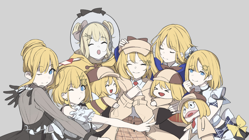 >_<, 6+girls, :d, :o, ;), ^_^, artist_collaboration, backless_dress, backless_outfit, bee_costume, blonde_hair, blue_eyes, breasts, brown_coat, catricius, closed_eyes, closed_mouth, coat, collared_shirt, commentary, deerstalker, detached_sleeves, detective, double_bun, dress, dress_shirt, english_commentary, evening_gown, grey_background, group_hug, hair_bun, hands_on_own_chest, hat, headset, helmet, highres, hito_(maruhito_), hololive, hololive_english, hololive_idol_uniform_(bright), hug, large_breasts, long_sleeves, medium_hair, multiple_girls, multiple_persona, official_alternate_costume, one_eye_closed, open_clothes, open_coat, puffy_short_sleeves, puffy_sleeves, puppet, shirt, short_sleeves, simple_background, single_hair_bun, smile, smol_ame, space_helmet, u_u, unfinished, virtual_youtuber, w_arms, watson_amelia, watson_amelia_(1st_costume), watson_amelia_(astronaut), watson_amelia_(new_year), watson_amelia_(party_dress), watson_amelia_(street_casual), white_shirt, xd