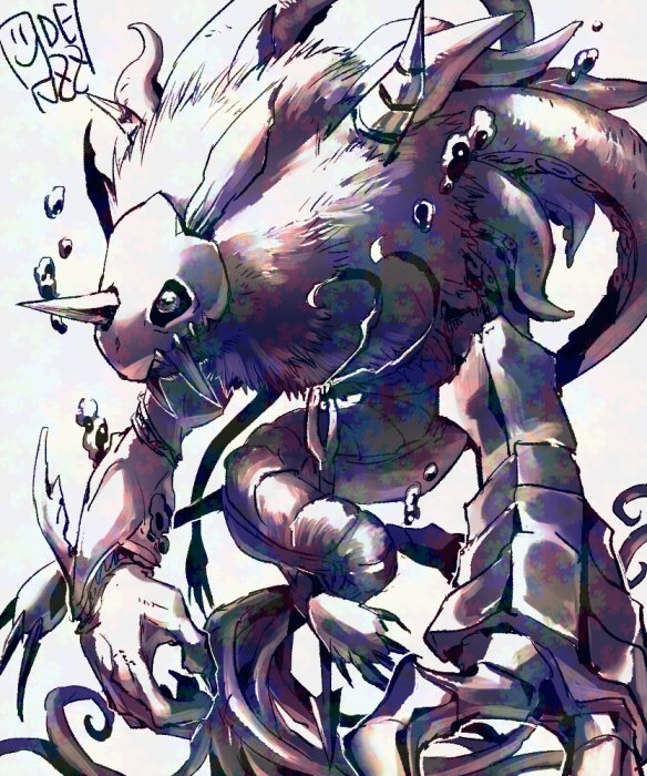 air_bubble, artist_name, body_fur, bubble, digimon, digimon_(creature), fangs, horns, marinchimairamon, oden_(odenzzi), partially_colored, simple_background, single_horn, solo, spikes, white_background