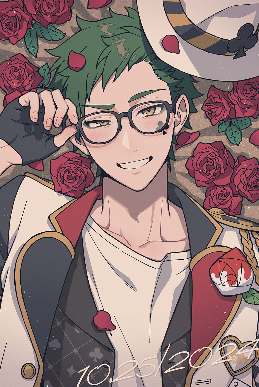1boy, black_gloves, club_(shape), club_facial_mark, collarbone, dated, facial_mark, fingerless_gloves, fingernails, flower, glasses, gloves, green_hair, grin, hat, highres, jacket, kiri_futoshi, looking_at_viewer, lying, male_focus, on_back, parted_lips, red_flower, red_rose, rose, shirt, short_hair, smile, solo, trey_clover, twisted_wonderland, upper_body, white_hat, white_jacket, white_shirt, yellow_eyes