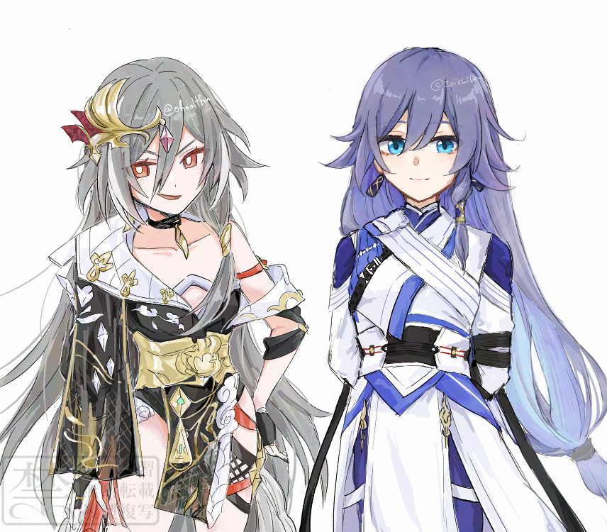 2girls, arms_behind_back, artist_collaboration, artist_name, black_choker, black_dress, blue_eyes, blue_pants