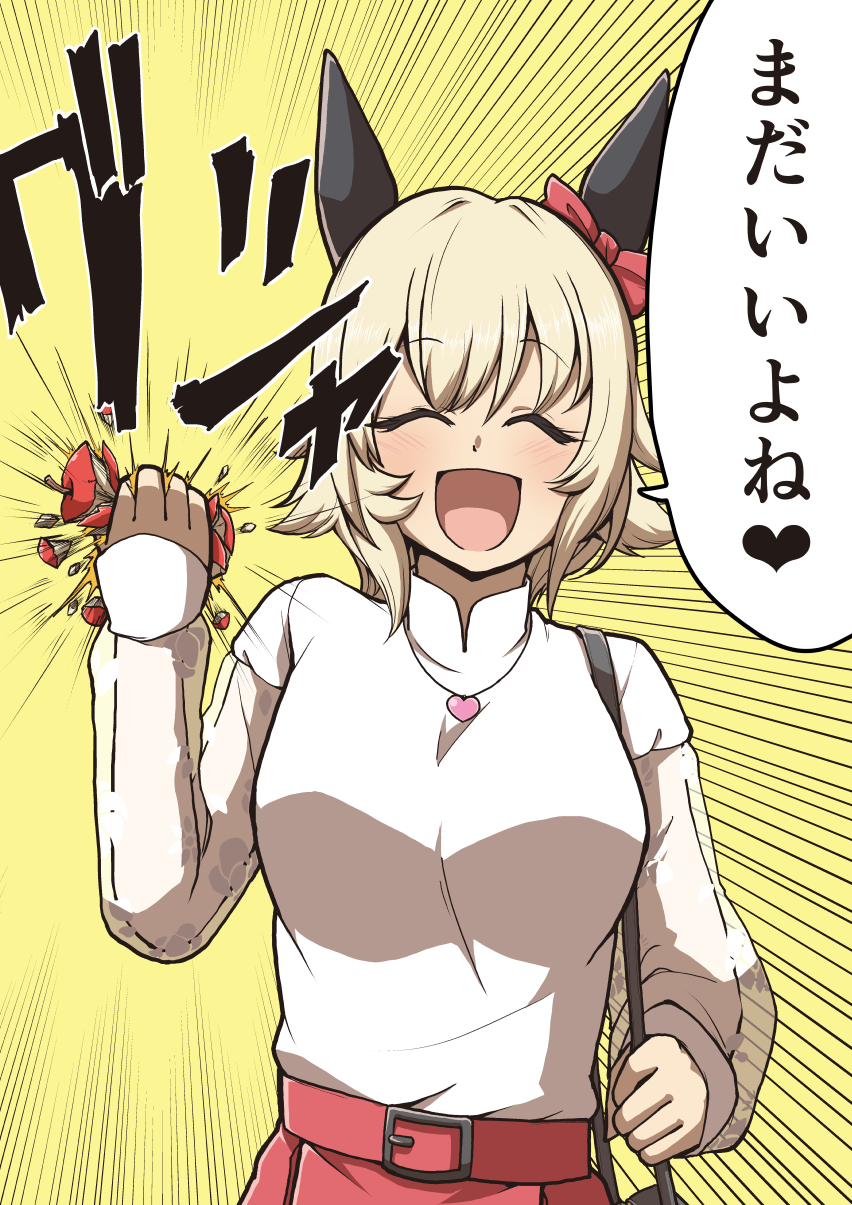 1girl, ^_^, animal_ears, apple, bag, blush, bow, casual, closed_eyes, crushing, crushing_food, curren_chan_(umamusume), ear_bow, ear_covers, emphasis_lines, facing_viewer, false_smile, food, fruit, grey_hair, heart, heart_necklace, highres, horse_ears, horse_girl, jewelry, long_sleeves, necklace, pink_skirt, red_bow, short_hair, simple_background, skirt, smile, solo, sweater, umamusume, upper_body, verta_(verlaine), violet_eyes, white_sweater, yellow_background