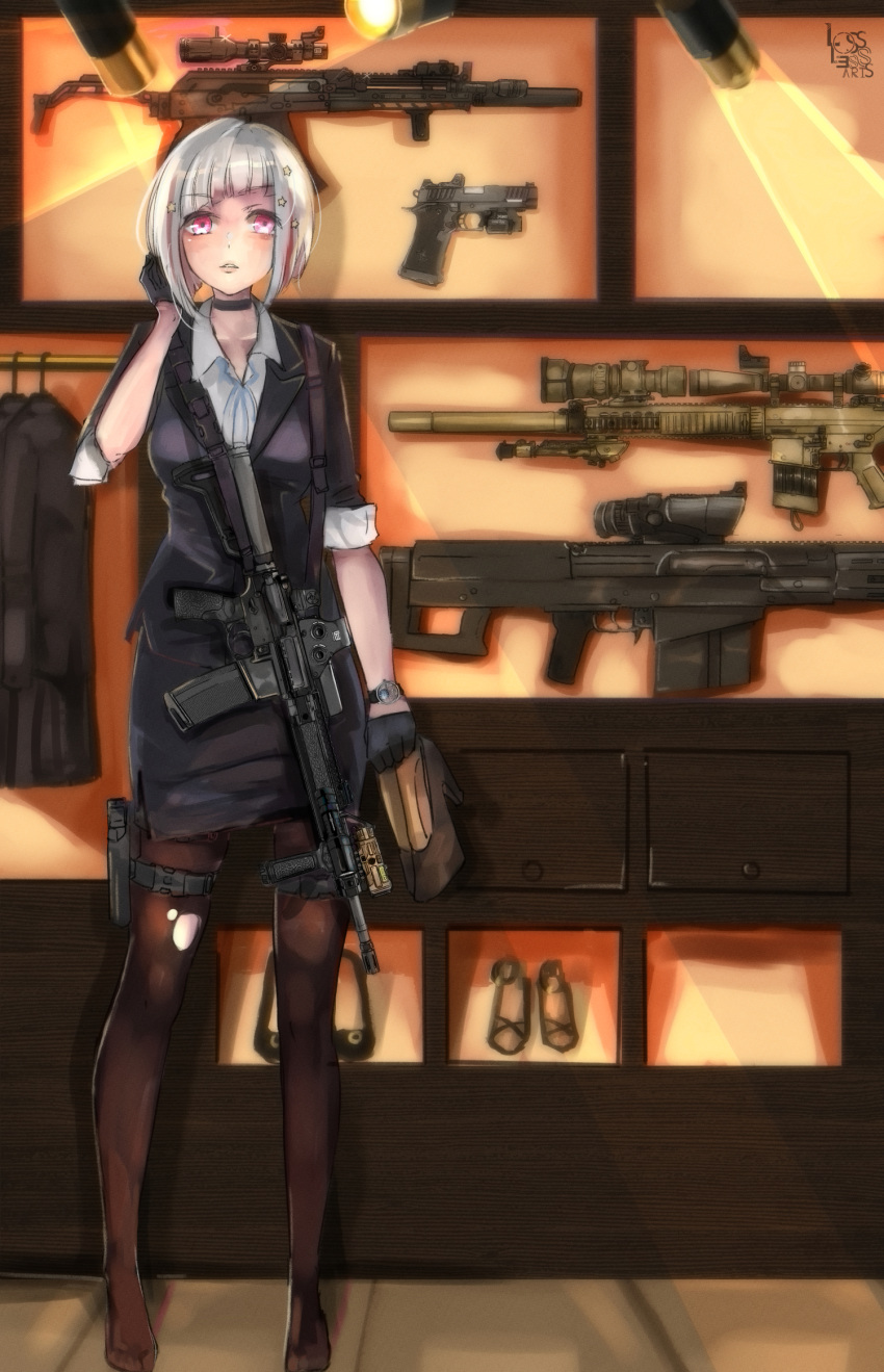 1girl, alternate_costume, black_choker, black_gloves, black_pantyhose, black_skirt, blush, bob_cut, choker, clothes_hanger, collarbone, collared_shirt, colored_inner_hair, commentary, diagonal_bangs, dress_shirt, full_body, gloves, grey_hair, gun, hair_ornament, half_gloves, handgun, highres, inverted_bob, jacket, lamp, link!_like!_love_live!, looking_at_viewer, losslessarts, love_live!, miniskirt, multicolored_hair, no_shoes, pantyhose, parted_lips, pencil_skirt, pink_eyes, redhead, shirt, shoes, short_hair, signature, skirt, sleeves_rolled_up, solo, standing, star_(symbol), star_hair_ornament, streaked_hair, suit_jacket, torn_clothes, torn_pantyhose, unworn_shoes, virtual_youtuber, watch, watch, weapon, weapon_rack, weapon_request, white_shirt, yugiri_tsuzuri